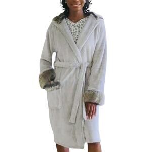 The Royal Standard M Womens Gray Zurich Luxe Robe Faux Fur Trim Hood